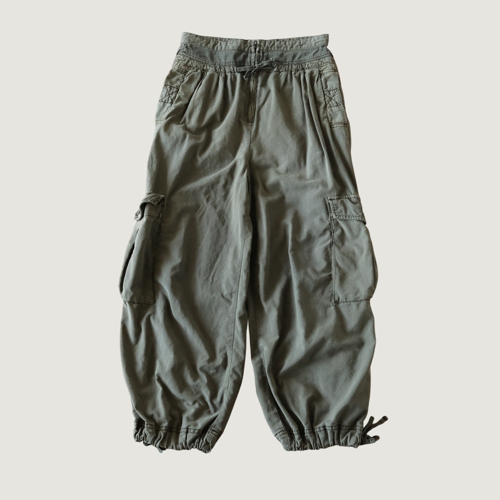 Free People Cargo Pants Relaxed Wide Leg Olive Green Drawstring Cuffs Size 6 Y2K